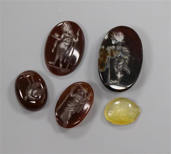 Five unmounted oval intaglio hardstones.